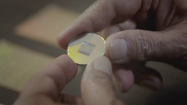 Photo of a coin-sized item held between four fingers