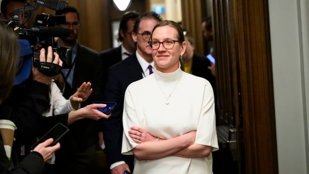 Leader of the Government in the House of Commons Karina Gould leaves the hallway of the Cabinet Room in West Block on Parliament Hill in Ottawa, on Monday, Dec. 16, 2024. 