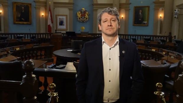 A man with curly grey hair, wearing a suit, stands in an ornate room with wooden tables in the shape of a horseshoe behind him.