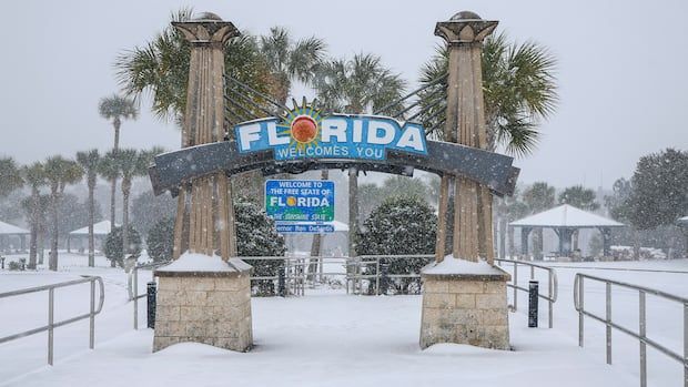 Snow falling on 'Florida welcomes you' sign. 