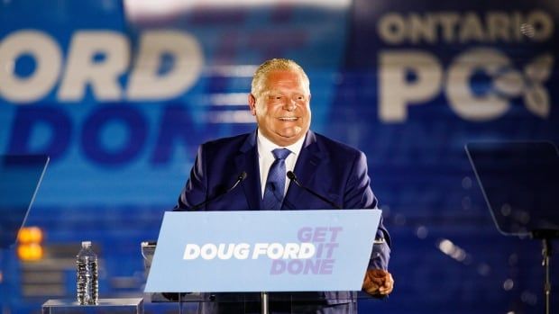 Doug Ford standing at a podium that says 'Get It Done,' with his blue Ontario PC campaign bus in the background. 