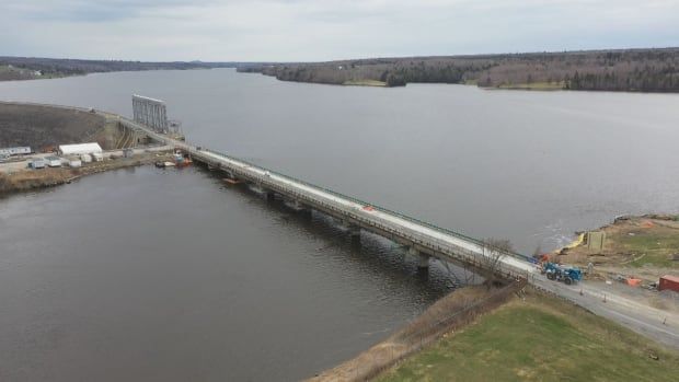 An aerial photo of the Mactaquac Dam crossing in New Brunswick.