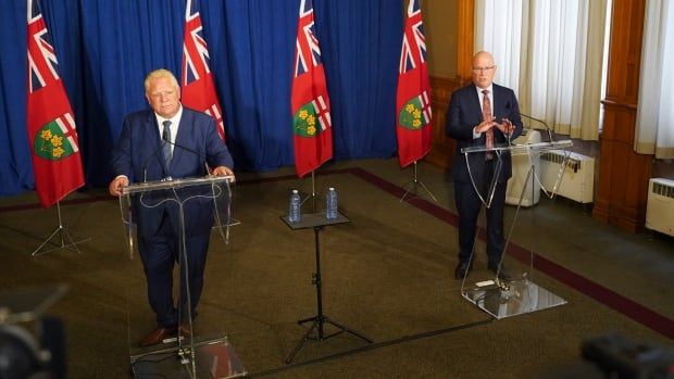 Ontario Premier Doug Ford, left, and then minister of municipal affairs and housing Steve Clark speak after the release of the Auditor General's report on the Greenbelt scandal in August 2023.