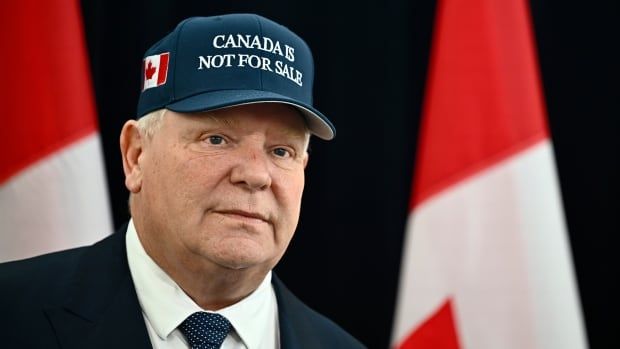 A man wears a navy blue cap, with a small Canadian flag, that reads "Canada Is Not For Sale," as he stands in front of two Canadian flags.