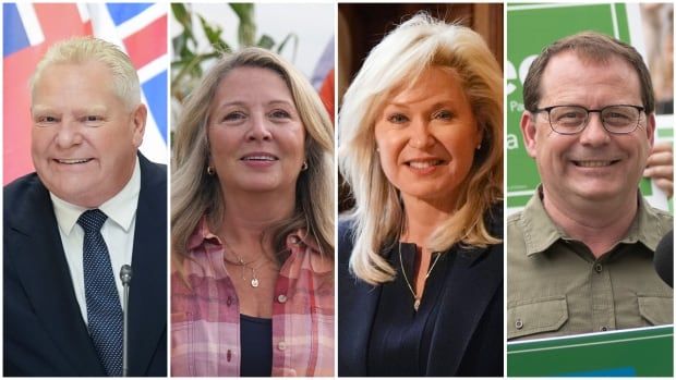 Headshots of four Ontario leaders: Doug Ford, Marit Stiles, Bonnie Crombie and Mike Schreiner.