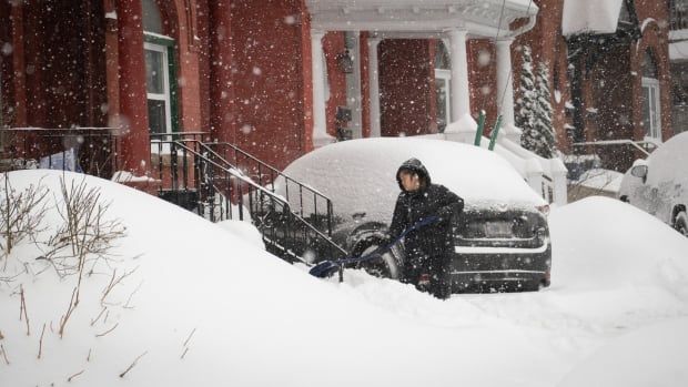 A person shovels snow