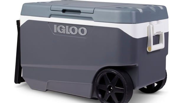 A gray cooler with the word Igloo printed on its side.