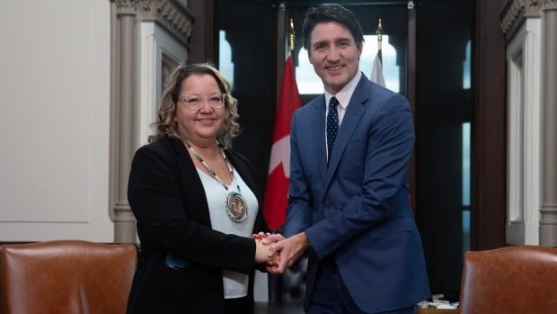 Prime Minister Justin Trudeau meets Assembly of First Nations National Chief Cindy Woodhouse Nepinak on March 5, 2024 in Ottawa.