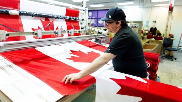 A man holds down a giant strip of cloth with a Canadian flag pattern on a table.