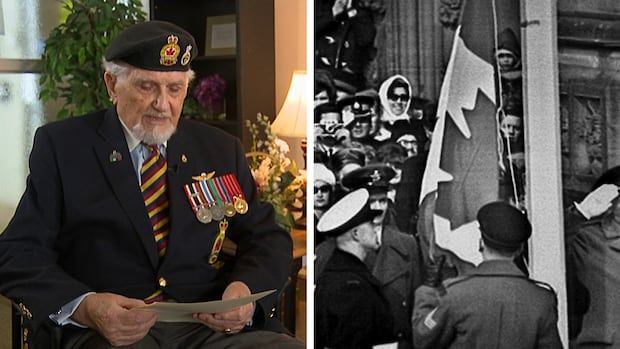 a veteran is scene beside a flag ceremony in a split shot