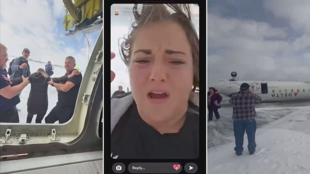 composite of 3 photos, people exiting plane, woman, people outside upside down plane