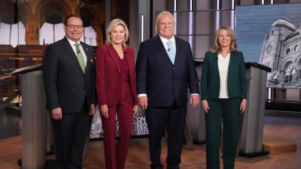 Left to right: Ontario Green Party Leader Mike Schreiner, Ontario Liberal Leader Bonnie Crombie, Ontario PC Leader Doug Ford, and Ontario NDP Leader Marit Stiles pose for a photo