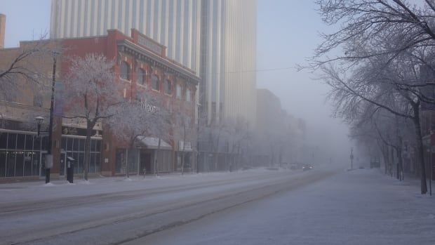 Fog covers a street in Saskatoon, Saskatchewan.