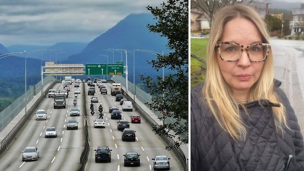 A meteorologist stands on one side, as the North Van bridge is picture on the other.