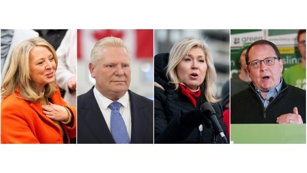 The leaders of Ontario major parties, from left: NDP Leader Marit Stiles, PC Leader Doug Ford, Liberal Leader Bonnie Crombie and Green Party Leader Mike Schreiner.