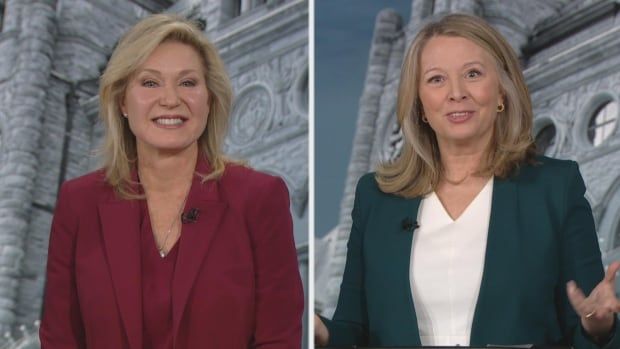 Bonnie Crombie is shown on the left side of a split-screen image with Marit Stiles on the right, 