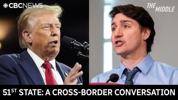 A split screen showing U.S. President Donald Trump and Canada's Prime Minister Justin Trudeau.