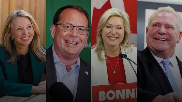 Ontario's four main party leaders smiling in separate photos. From left to right: Marit Stiles, Mike Schreiner, Bonnie Crombie, and Doug Ford. 