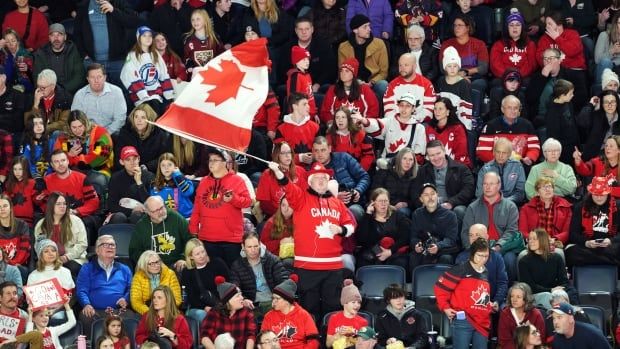 A fan in a Canadian jersey, surrounded by many other fans, waves a Canadian flag.