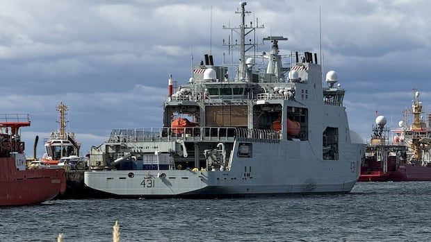 Canadian Navy ship HMCS Margaret Brooke waits in port