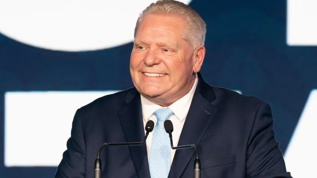 Ontario Progressive Conservative Leader Doug Ford speaks to supporters after he was re-elected as the Premier of Ontario in Toronto on Thursday, February 27, 2025. THE CANADIAN PRESS/Chris Young