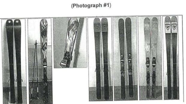 Six black-and-white photos of upright skis, side by side.