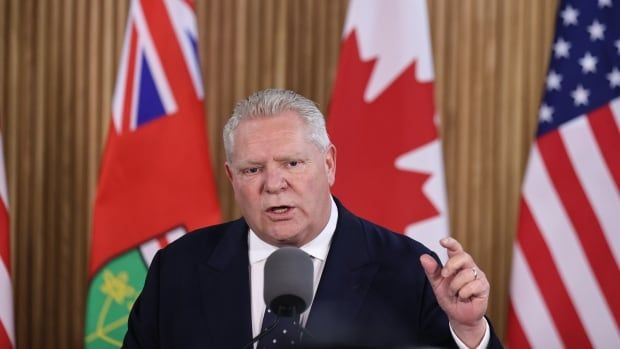 Ontario Premier Doug Ford speaks to media at Queen’s Park in Toronto on March 4, 2025.