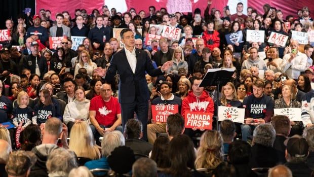 Conservative Party Leader Pierre Poilievre speaks to a crowd of supporters at a "Bring It Home" rally at RBC Place in London, Ont., on March 9, 2025.