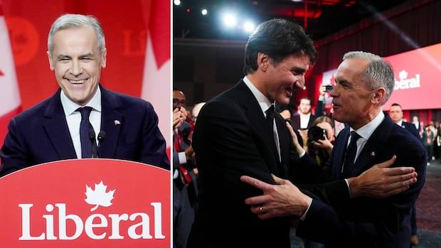 A composite image of a white man standing behind a Liberal Party podium, and of 2 men embracing each other with a Liberal Party sign in the background