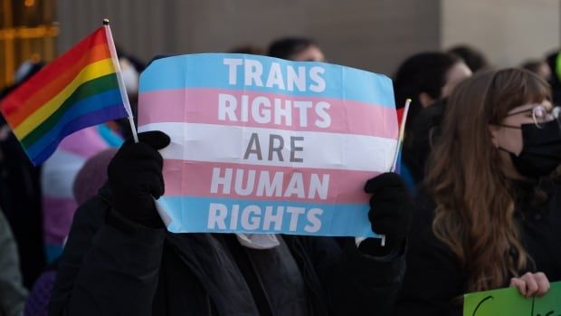 A protester holds a sign saying 'trans rights are human rights' laid over a blue, pink and white transgender flag.