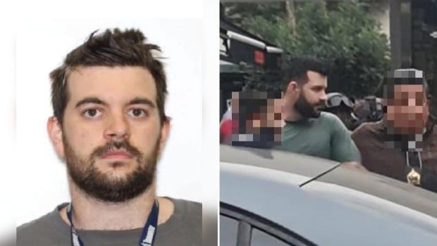 On the left, a bearded man stares straight at the camera. On the right, officers detain a bearded man in a green shirt.