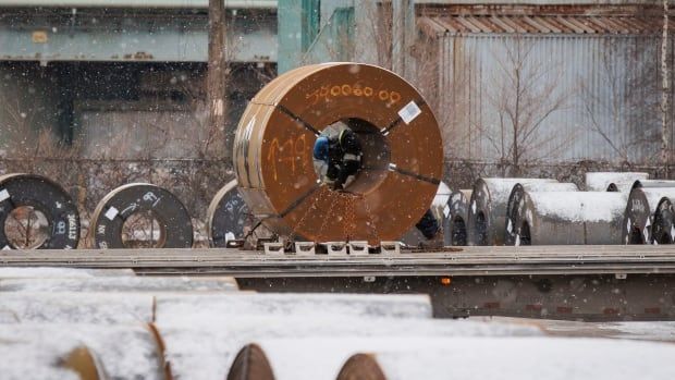 A worker pokes their head through a roll of steel on a flatbed outdoors.