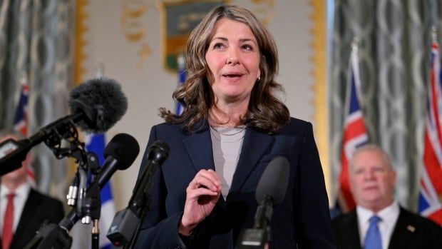 A woman in a dark jacket, with light brown hair, speaks into a microphone.