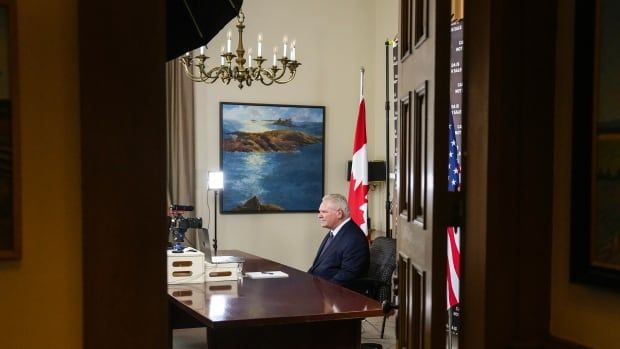 Ontario Premier Doug Ford prepares to speak to an American news outlet in his office at the Queens Park Legislature in Toronto on Monday, March 10, 2025. THE CANADIAN PRESS/Chris Young