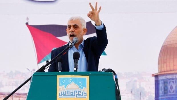 FILE PHOTO: Yahya Sinwar, Gaza Strip chief of the Palestinian Islamist Hamas movement, speaks during a rally to mark the annual al-Quds Day (Jerusalem Day), in Gaza, April 14, 2023. 