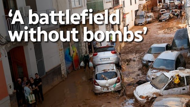 Cars stranded in the road flooded with mud and water. Text overtop that reads "A battlefield without bombs"