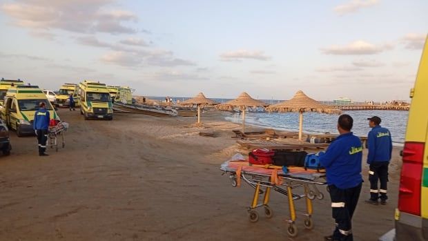 People and ambulances wait on a beach.