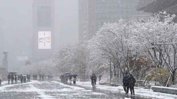 Pedestrians are seen during a snowstorm in Seoul.