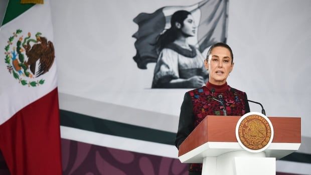 A woman speaks at a podium. The Mexican flag is behind her.