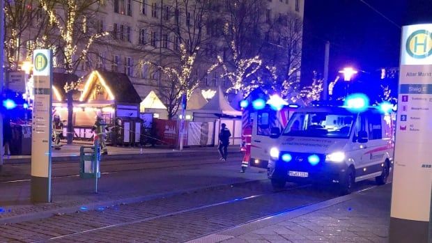 Emergency services attend an incident at the Christmas market in Magdeburg, Germany.