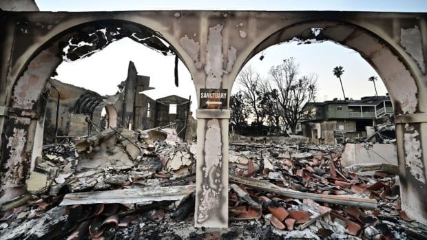 The remains of a church after a wildfire in Altadena, California. 