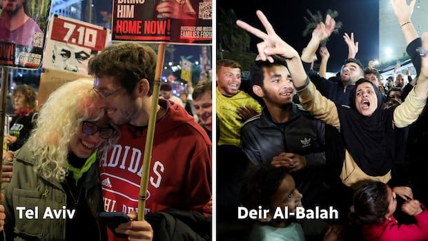 Israelis in Tel Aviv, left, and Palestinians in Deir Al-Balah, right, celebrate Israel-Hamas ceasefire deal