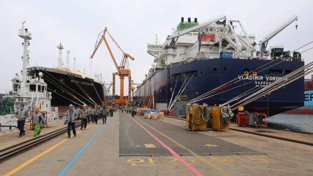 Liquefied natural gas (LNG) carriers under construction at the Daewoo Shipbuilding and Marine Engineering facility in South Korea in 2018. Korea is the second largest fossil financier, due in part to its large shipbuilding industry that transports LNG around the world.