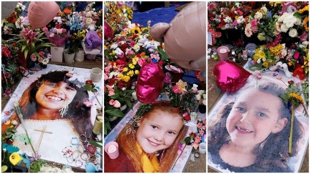 The images of three young girls are shown amid flowers and candles in separate photos that have been combined into one image.