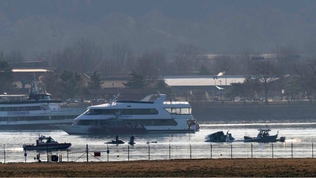 Search and rescue efforts are seen around a wreckage site in the Potomac River from Ronald Reagan Washington National Airport, early Thursday morning, Jan. 30, 2025, in Arlington, Va. (AP Photo/Mark Schiefelbein)