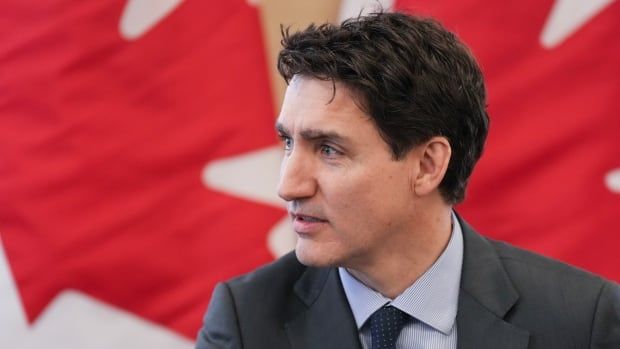 A person is seen seated in front of Canadian flags.