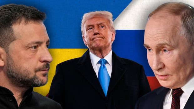 Combination image of Ukrainian President Volodymyr Zelenskyy, left,  U.S. President Donald Trump, centre, and Russian President Vladimir Putin