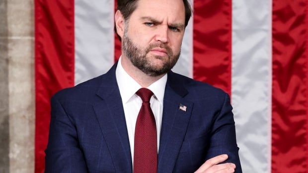 A bearded man with brown hair wearing a suit and tie stands in front of a large American flag.