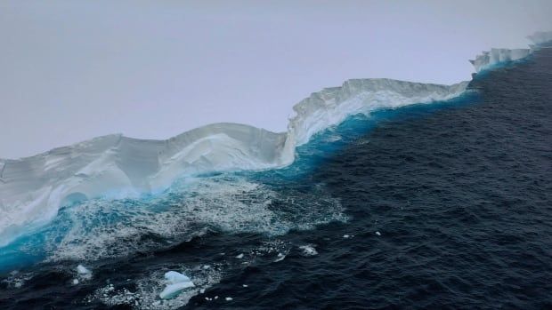 A giant, white iceberg cuts diagonally across the image, with a blue ocean filling the other half of the image. 