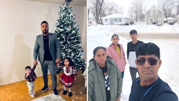 Two photos of two families. On the left is a father holding the hands of his young children in front of a Christmas tree. On the right, a father takes a self that includes his wife and male and female children. 